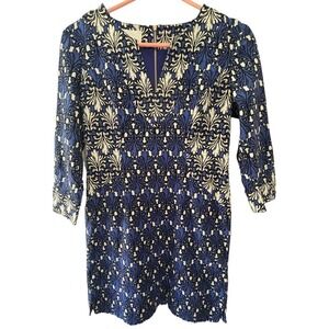 Donna Morgan Dress Womens Sz 2P Blue White Floral Print With Gold Zipper Accent